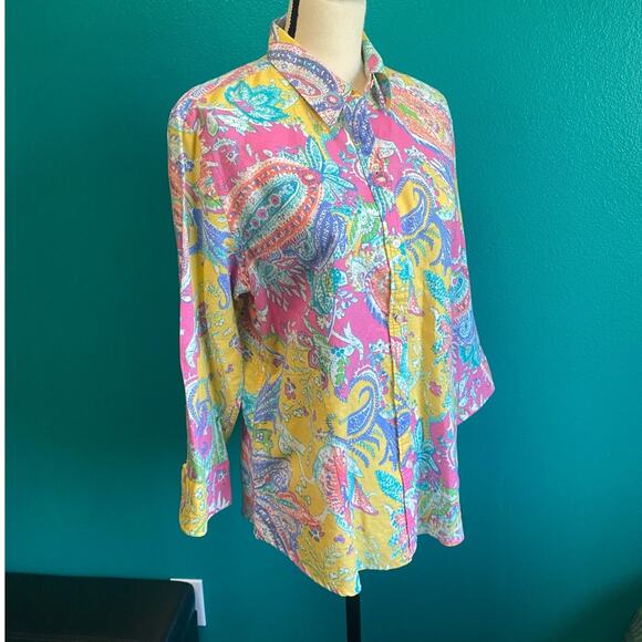 Chaps Classics Linen Blend Bright Paisley Button Up Blouse Women's Large - Picture 2 of 8